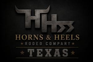 Horns & Heels Rodeo Company Texas logo featuring a western horned HH emblem with metallic silver and gold lettering on a textured black background.