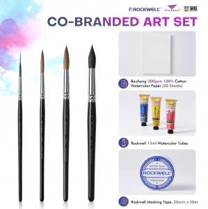 Product overview of the FUUMUUI × ROCKWELL × BAOHONG watercolor set showing four FUUMUUI brushes, ROCKWELL watercolor tubes and BAOHONG cotton watercolor paper.