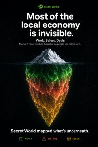 Secret World infographic showing a large iceberg representing hidden local work, sellers and business deals beneath the visible economy.