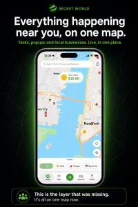 Secret World app map showing tasks, popups and local businesses around New York City in a single local discovery view.