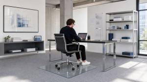 Man working at desk with clear tempered glass chair mat on carpet floor in modern office