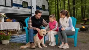 Family enjoying a fall camping trip outdoors