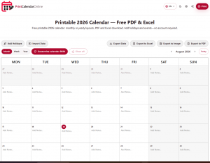 PrintCalendarOnline monthly calendar editor showing an August 2026 calendar with options to add holidays, import data, customize events, and export to Excel, image, or PDF.