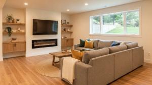 Finished basement family room with sectional sofa and media wall in an Arvada, Colorado home