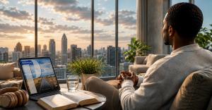 Black man reflecting beside a window at sunrise with an open Bible, headphones, water, and the “Plan of Perfection” album artwork displayed on a tablet.