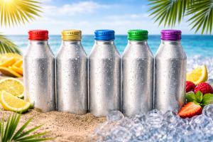 Five chilled aluminum beverage bottles with colorful screw caps displayed on ice at a tropical beach.