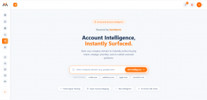 VAIS AI-Powered Account Intelligence interface showing a company-domain search field, intent signal tracking, buyer journey mapping, risk intelligence, and AI-driven talk tracks.