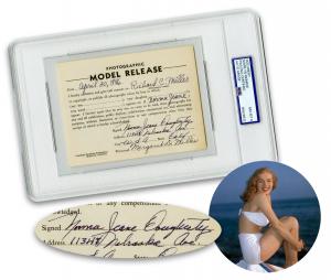 Marilyn Monroe early 1946 “Photographic Model Release” signed as “Norma Jeane Dougherty,” PSA/DNA slabbed and graded NM-MT 8 with LOA. Estimate: $17,000-$22,000