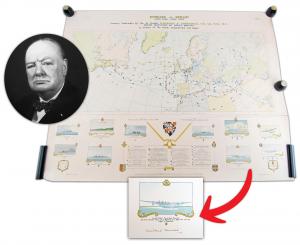 A commemorative mixed geographical / pictorial map showing the 19 destinations to which Winston Churchill traveled during World War II, boldly signed by Churchill. Estimate: $10,000-$15,000