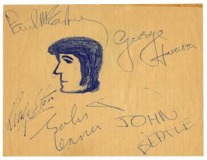 Original sketch of John Lennon signed by all four Beatles bandmates: Lennon, Paul McCartney, George Harrison and Ringo Starr, in blue pen, showing Lennon in profile, with JSA LOA. Estimate: $12,000-$15,000