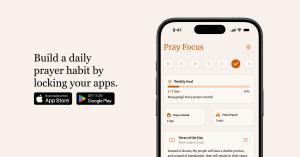 The Pray Focus app on an iPhone beside the headline 'Build a daily prayer habit by locking your apps' and app store badges.
