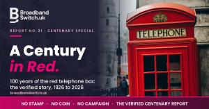 Cover card for A Century in Red, Report No. 31 by BroadbandSwitch.uk, with a red telephone box and its illuminated TELEPHONE sign on a London street beside the headline 100 years of the red telephone box, the verified story, 1926 to 2026, above a pink ban