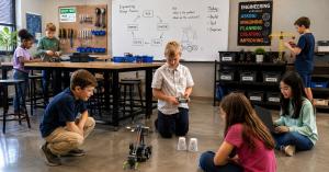 Students building and testing robots in an engineering area at Discovery School of Innovation in The Woodlands, Texas
