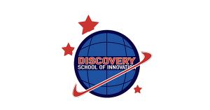 Discovery School of Innovation logo featuring a blue globe, red stars, and orbital ring