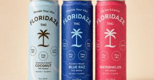 Studio photo of three chilled Floridaze THC seltzer cans with condensation, labeled Coconut, Blue Raz and Watermelon.