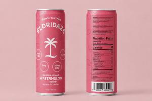 Front and back of a pink Floridaze Watermelon THC seltzer can showing the label and Nutrition Facts panel.