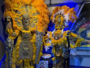 New Black Masking Indian suits and relics are now on display at JAMNOLA as part of its newly updated Nkombo Spaceship NOLA installation, on view through Mardi Gras.