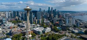 Aerial view of Seattle skyline with the Space Needle in the foreground.