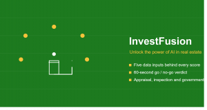 Illustration of a house connected to five data nodes, representing InvestFusion's AI-powered real estate deal-scoring system, in forest green and saffron brand colors