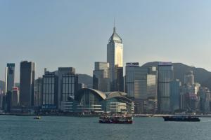 Hong Kong financial district skyline and Victoria Harbour featuring the Hong Kong Convention and Exhibition Centre.