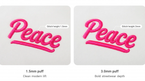 Side-by-side close-up of pink script "Peace" 3D puff embroidery on white fabric, comparing 1.5mm and 3.0mm foam stitch height on PODpartner apparel.