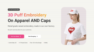 Model wearing a white trucker cap and white cropped tee, both featuring raised 3D puff embroidery from PODpartner — a cap front logo and a red heart chest graphic.