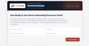 Screenshot of the TeckNexus and OneLayer Device Onboarding Assessment landing page showing a five-section, sixteen-question benchmark tool.