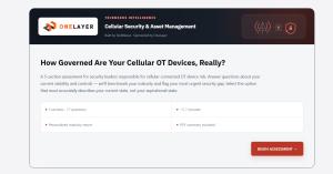Screenshot of the TeckNexus and OneLayer Security and Asset Management Assessment landing page showing a five-section, seventeen-question benchmark tool.