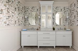 Completed Westfield primary bathroom remodel with a Shiloh double vanity, MSI quartz countertop and floral wallpaper