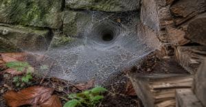 Funnel-shaped spider web with a narrow entrance against a mossy stone retaining wall beside a stacked woodpile in a damp autumn garden.