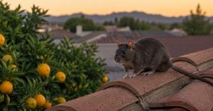 Roof rat on a terracotta tile roof beside a citrus tree in a suburban Arizona neighborhood at dusk.