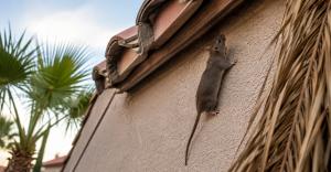 Roof rat climbing a stucco wall toward a tile roof eave beside untrimmed palm fronds in an Arizona neighborhood.