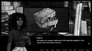 DEVIL'S LIMINAL screenshot of Clara viewing items in a shed. Clara says, "Alchemists experimented with making magnets for materials besides metals."