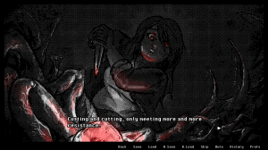 DEVIL'S LIMINAL screenshot of Margo cutting a monster with a knife. The text says, "Cutting and cutting, only meeting more and more resistance."