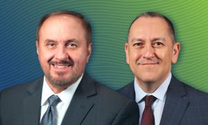 Portraits of NDIA Board Chair John Bonsell and Board Vice Chair Gabe Camarillo against a blue and green background