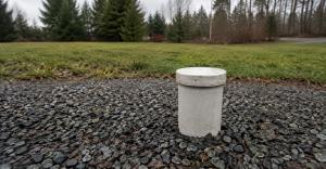 A well casing cap in gravel in a rural yard with a treeline behind