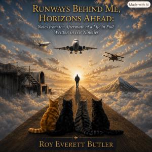 This image captures the spirit of a lifetime in motion — a man walking down a luminous runway toward the horizon, watched by his four cats and the aircraft that marked his journey. It speaks of reflection, courage, and continuity — the quiet triumph of st