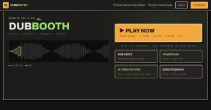DubBooth browser dub stage with the Play Now panel, community packs, pack import and the AI video-to-pack maker