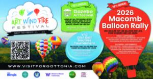 Art, Wind & Fire Festival and Macomb Balloon Rally 2026 promotional graphic featuring colorful hot air balloons, festival information, event dates, activities, and a QR code, with a scenic outdoor background and Visit Forgottonia website.