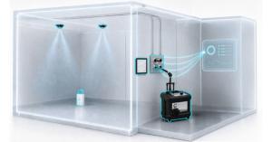 Isometric diagram of the CURIS BMS Link System™, showing a portable CURIS 3 device connected through a wall panel to a treatment room's ceiling nozzles and a real-time monitoring dashboard.