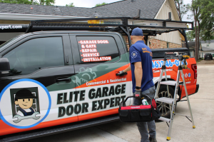 Elite Garage Door Expert technician arriving for a residential garage door same-day service call in Houston.