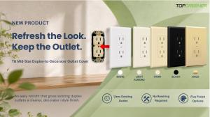 TOPGREENER Mid-Size Duplex-to-Decorator Outlet Cover retrofits an existing duplex outlet with a decorator-style appearance without rewiring, available in five finishes.