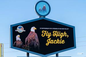 Photo of the display board at ONT Stadium paying tribute to Big Bear bald eagle Jackie.