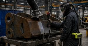Technician wearing green laser safety eyewear under an Optrel Clearmaxx PAPR visor operates a handheld laser-cleaning gun near a rusted industrial steel component.