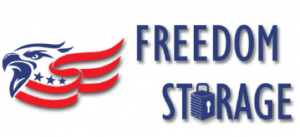 Official logo for Freedom Storage Inc. in Visalia, featuring an bald eagle head with patriotic stars and red stripes alongside blue text and a padlock icon.