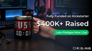 PixelMug S1 smart pixel mug displaying BUSY focus status on a developer workstation with Kickstarter funding milestone