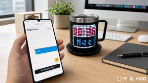 A user syncing a daily meeting reminder from a smartphone to the PixelMug S1 smart mug on a modern office desk.