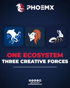 Infographic for Phoemx illustrating the three creative forces and pillars of the ecosystem