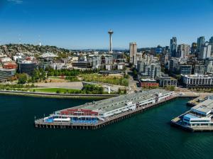 Waterfront Workspaces coworking space at historic Pier 70 in Seattle, overlooking Elliott Bay and supporting Seattle’s growing AI and technology ecosystem.