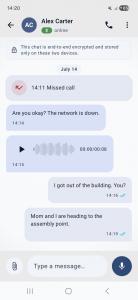 Crisis Connect mobile chat screen showing emergency messages, a voice note and encrypted device-to-device communication.